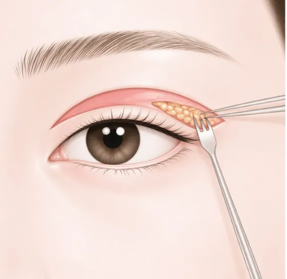 まぶたを切開し、内部の脂肪や組織が見えている状態のイラスト