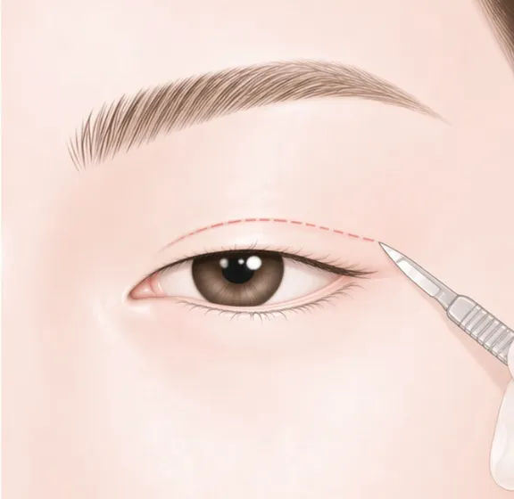 まぶたに切開ラインをマーキングしているイラスト
