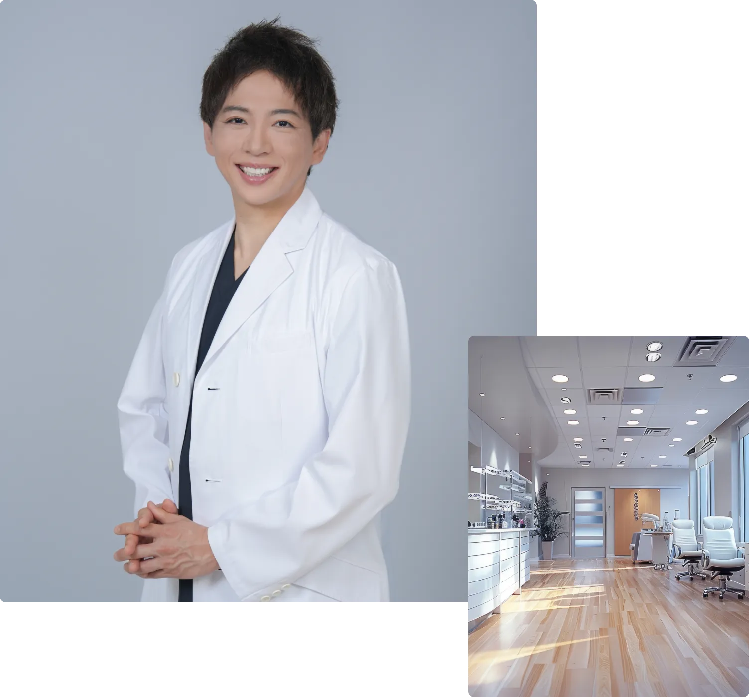 ひらた美容クリニック福岡天神 院長 平田侑が白衣を着て笑顔でこちらを向いている写真と、明るく清潔感のあるクリニック院内の様子
