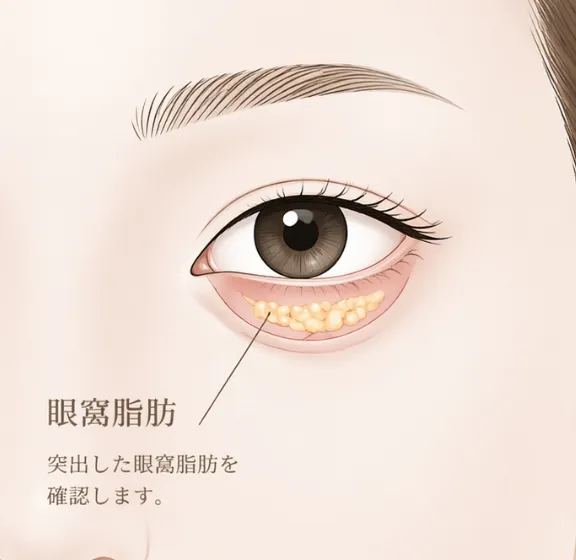 下まぶたから突出した眼窩脂肪を露出させている状態のイラスト
