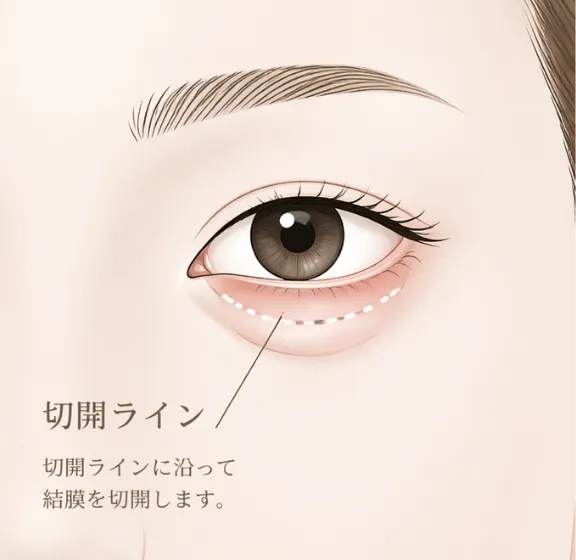 下まぶたの裏側（結膜）に切開ラインを示したイラスト