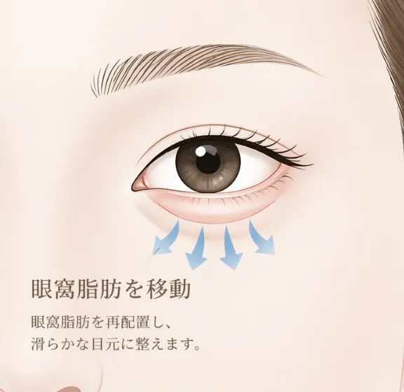 眼窩脂肪を下方に移動・再配置し、目の下を滑らかに整えた状態のイラスト